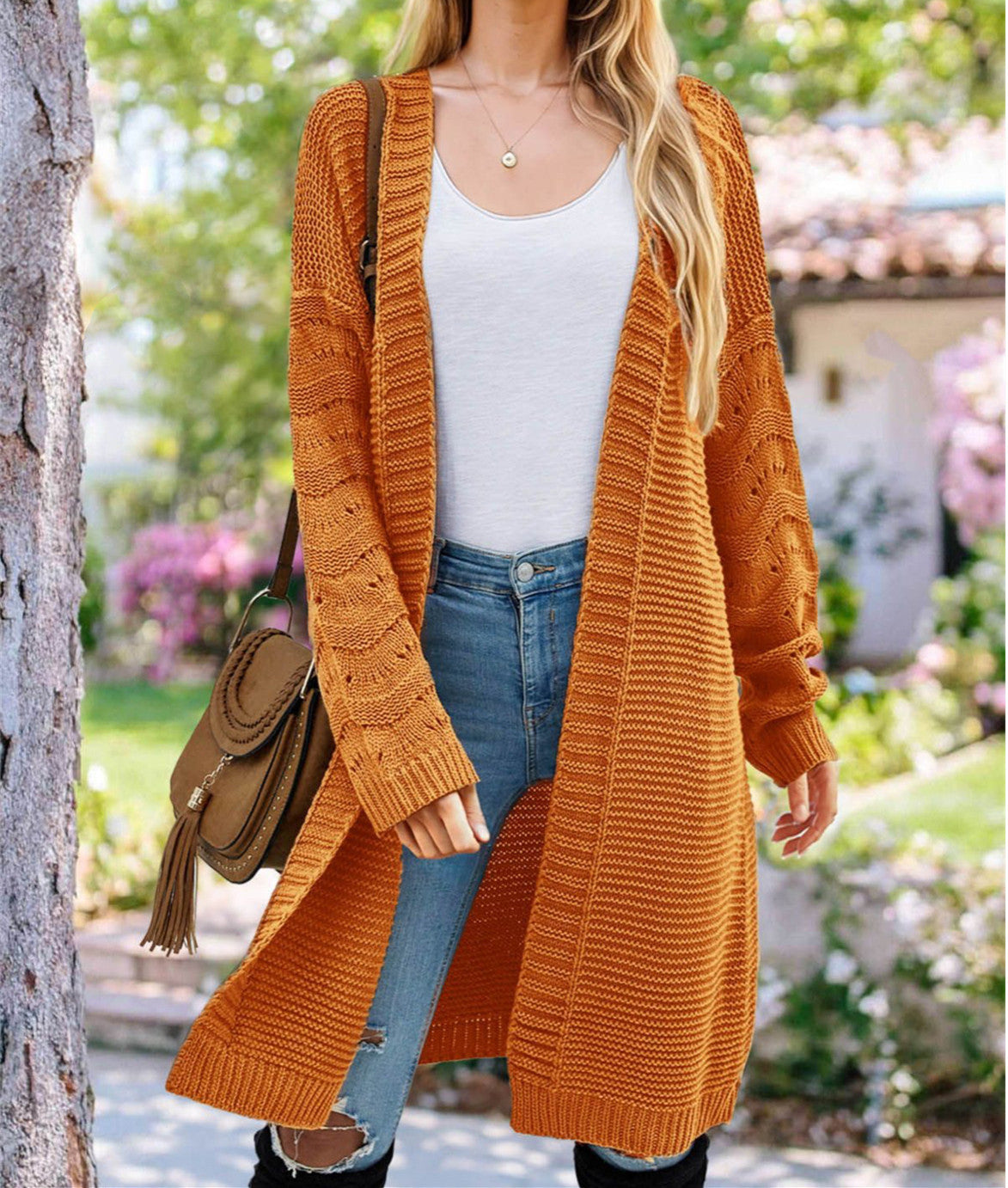 Damen Langer Strickcardigan mit luftiger Maschenstruktur und offener Front ModeGeist