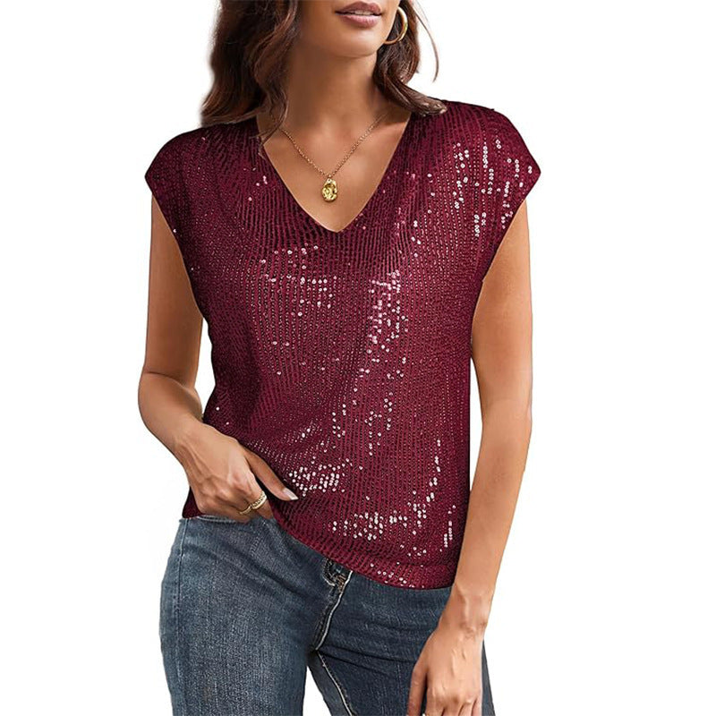 Damen Funkelndes V-Ausschnitt-Top mit Pailletten ModeGeist