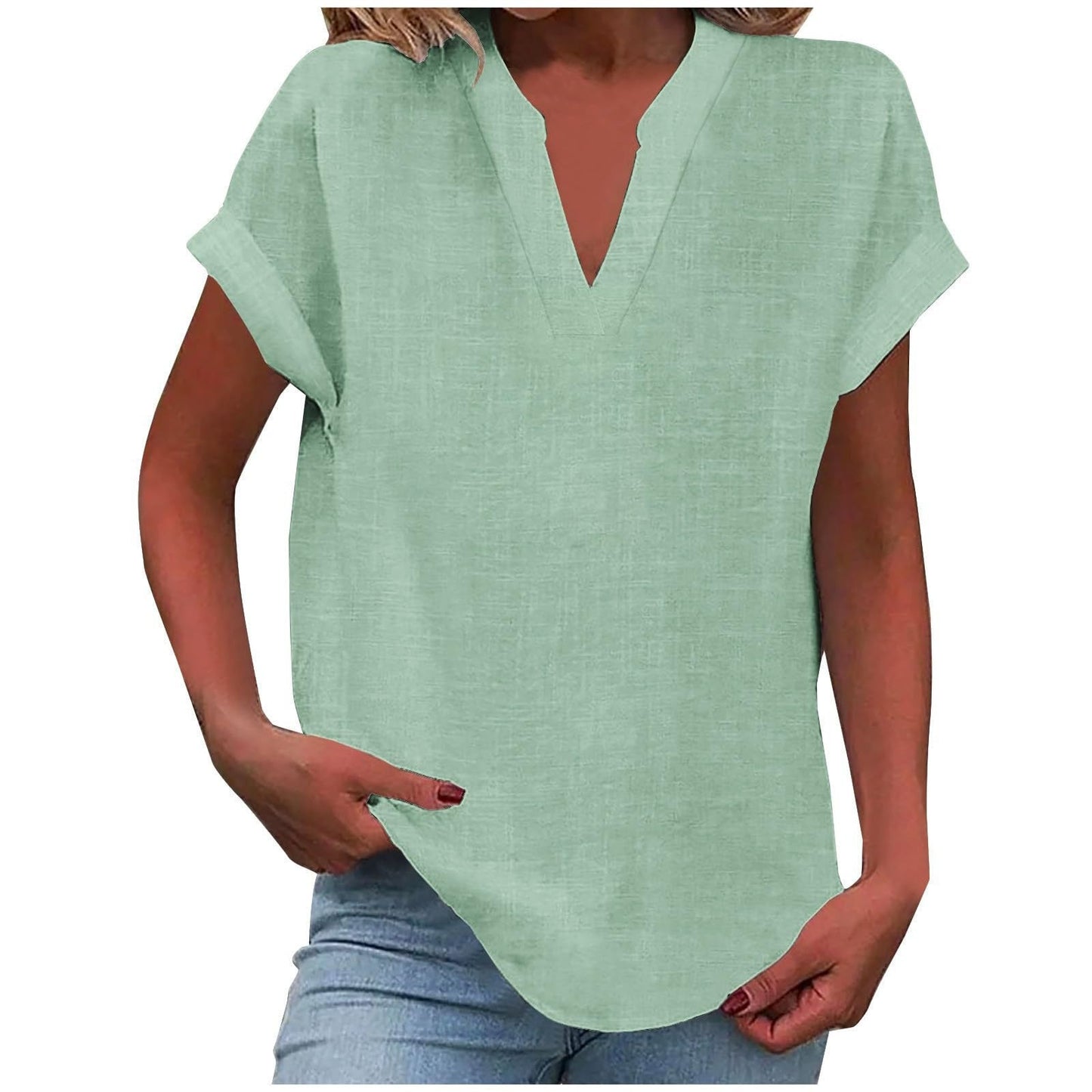 MODEGEIST Damen V-Ausschnitt Bluse Relaxed Fit Leichter Stoff Weiß