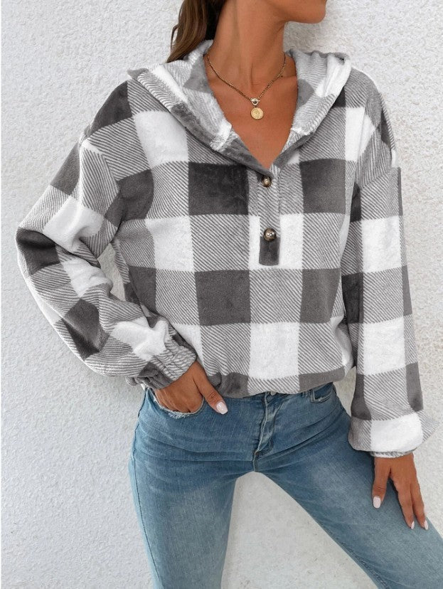 Damen Gemusterte Karo-Hoodie-Bluse ModeGeist