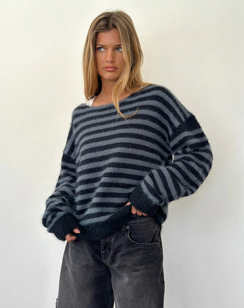 Damen modischer gestreifter Pullover mit lockerer Passform ModeGeist