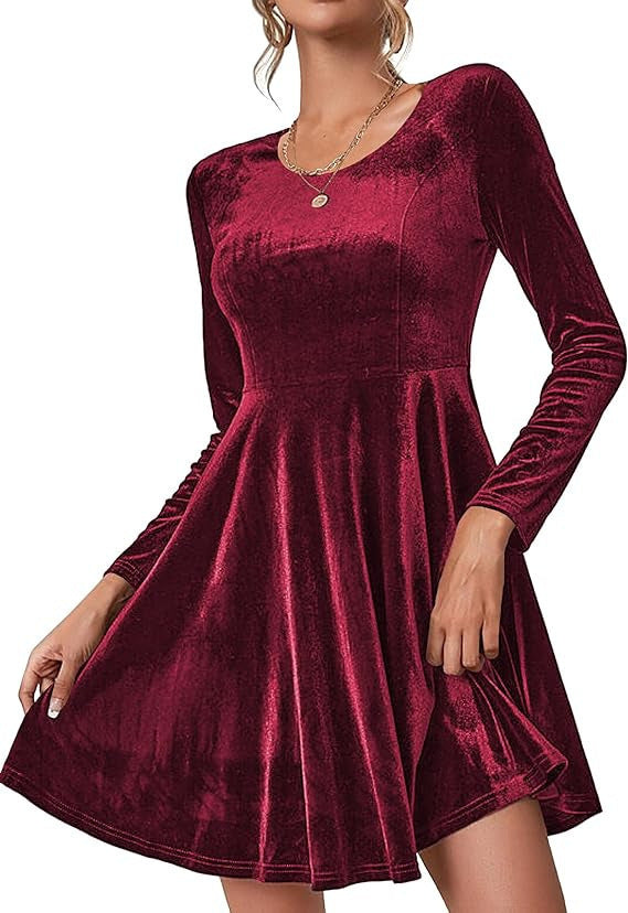 Damen Elegantes Samtkleid mit geschwungenem Saum und langen Ärmeln ModeGeist