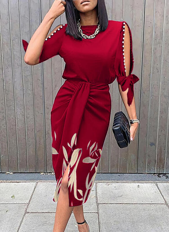 Damen Midikleid mit elegantem Bindegürtel und modischen Cut-Out-Ärmeln ModeGeist