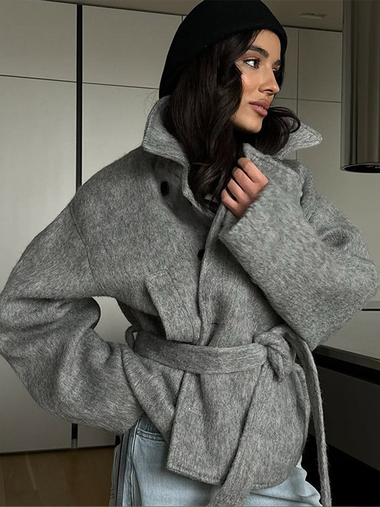 Damen elegante Oversized-Wolljacke mit Gürtel ModeGeist