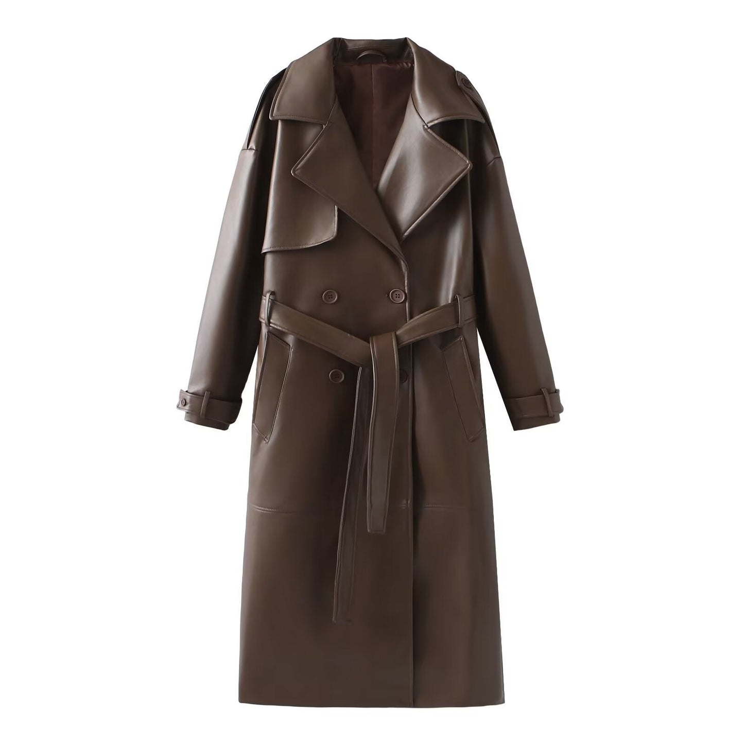 Damen Kunstleder-Trenchcoat mit elegantem Schnitt und taillierbarem Gürtel ModeGeist