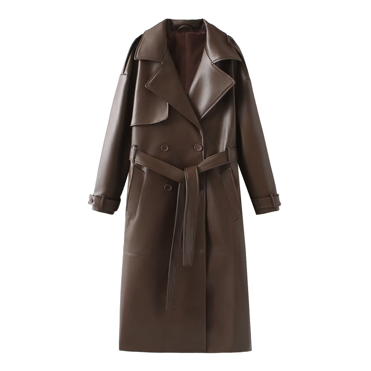 Damen Kunstleder-Trenchcoat mit elegantem Schnitt und taillierbarem Gürtel ModeGeist
