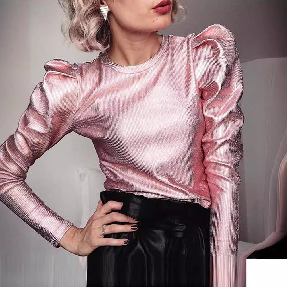 Damen funkelndes Oberteil mit voluminösen Ärmeln ModeGeist