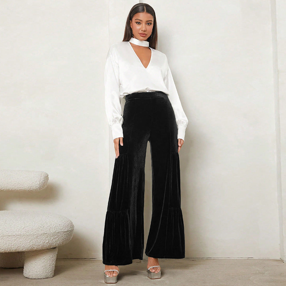 Damen Weit geschnittene Plüsch-Hose mit Falten und hohem Bund ModeGeist
