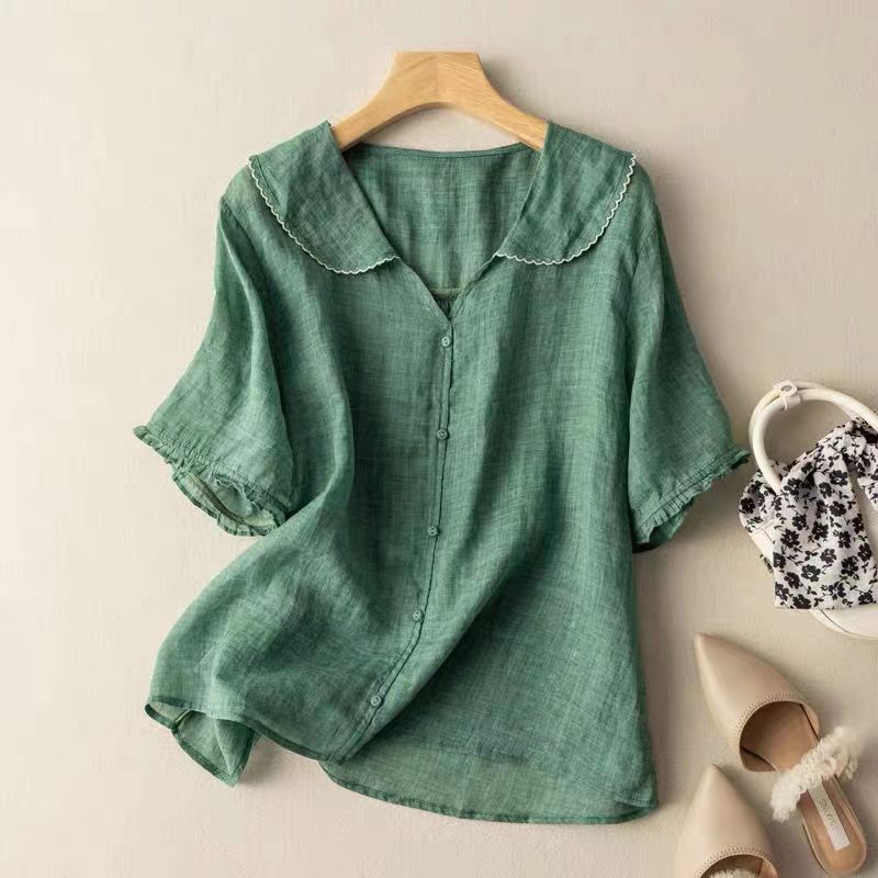 MODEGEIST Damen Vintage-Bluse Klassisch Weiß Wellenkragen