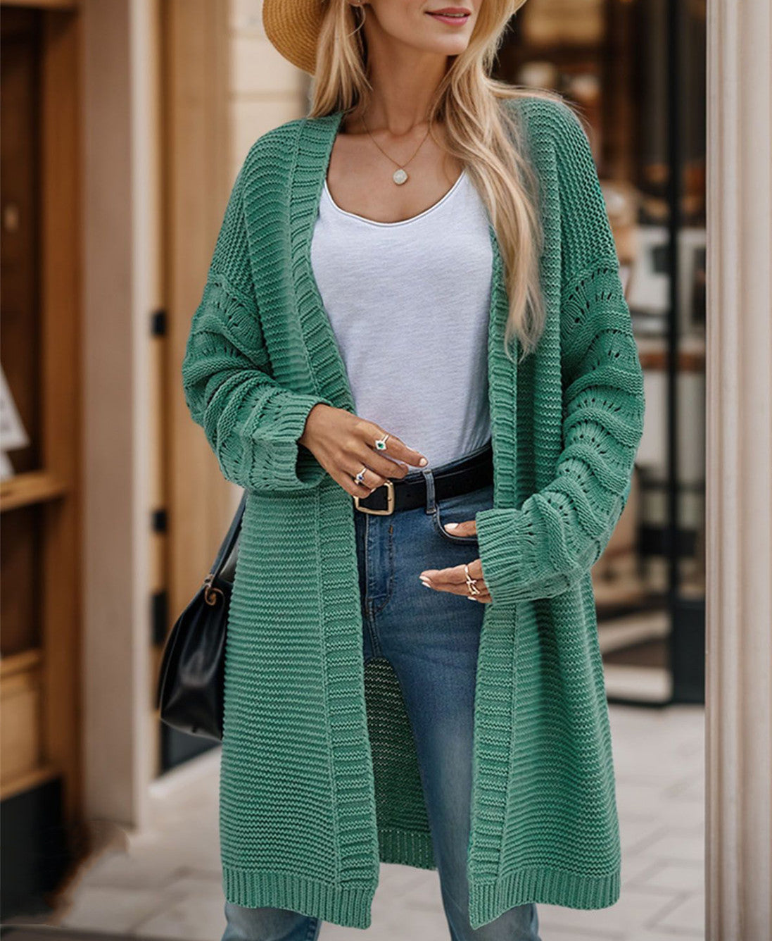 Damen Langer Strickcardigan mit luftiger Maschenstruktur und offener Front ModeGeist