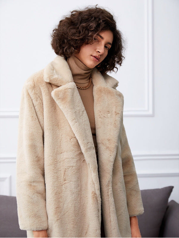 Damen Langer Kunstpelzmantel mit elegantem Reverskragen und praktischen Taschen ModeGeist