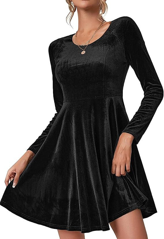Damen Elegantes Samtkleid mit geschwungenem Saum und langen Ärmeln ModeGeist