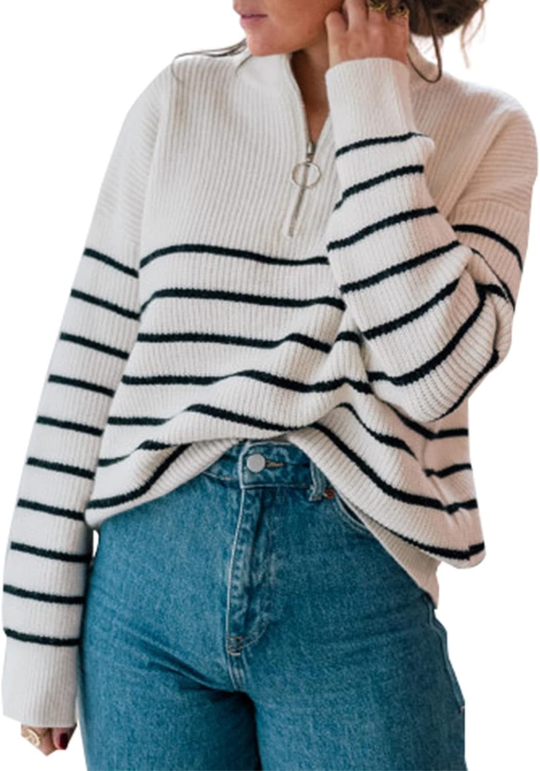 Damen lässiger Pullover mit kurzem Reißverschluss und Streifenmuster ModeGeist
