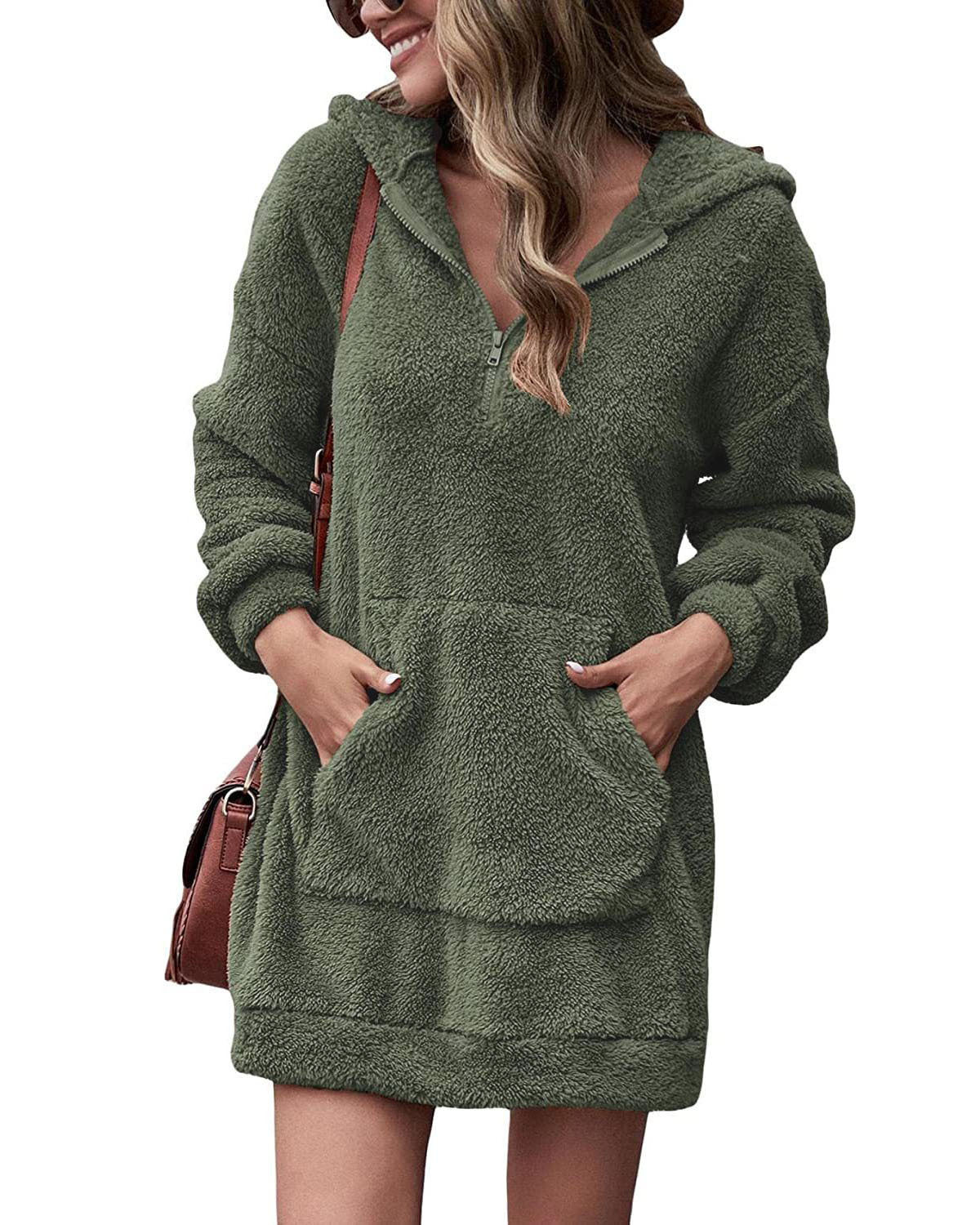 Damen Fleece-Kapuzenkleid mit Taschen und Reißverschluss ModeGeist