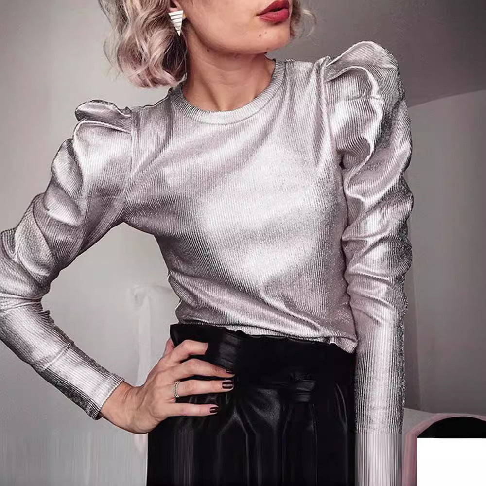 Damen funkelndes Oberteil mit voluminösen Ärmeln ModeGeist