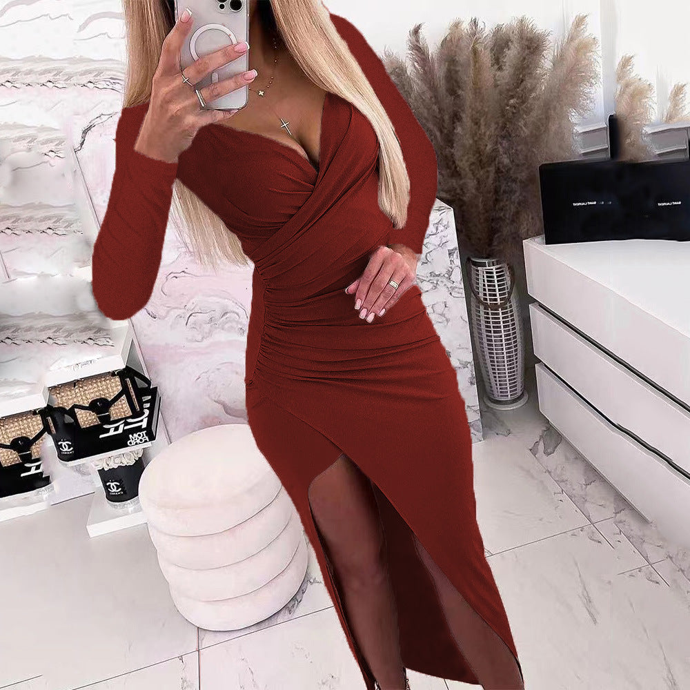 Damen elegantes Wickelkleid mit langen Ärmeln und Seitenschlitz ModeGeist