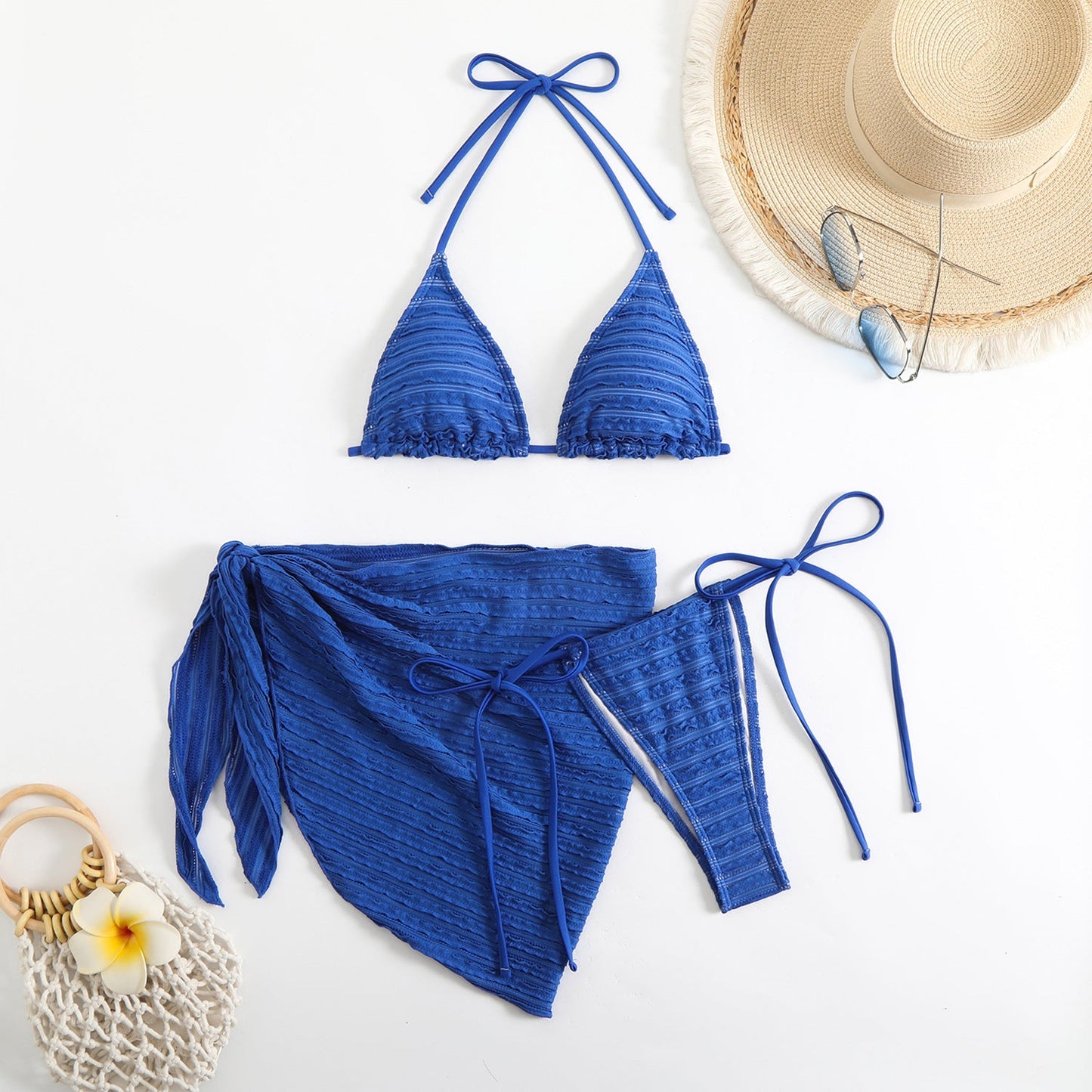 Modischer Damen-Bikini-Dreiteiler mit Rüschen und verstellbaren Trägern