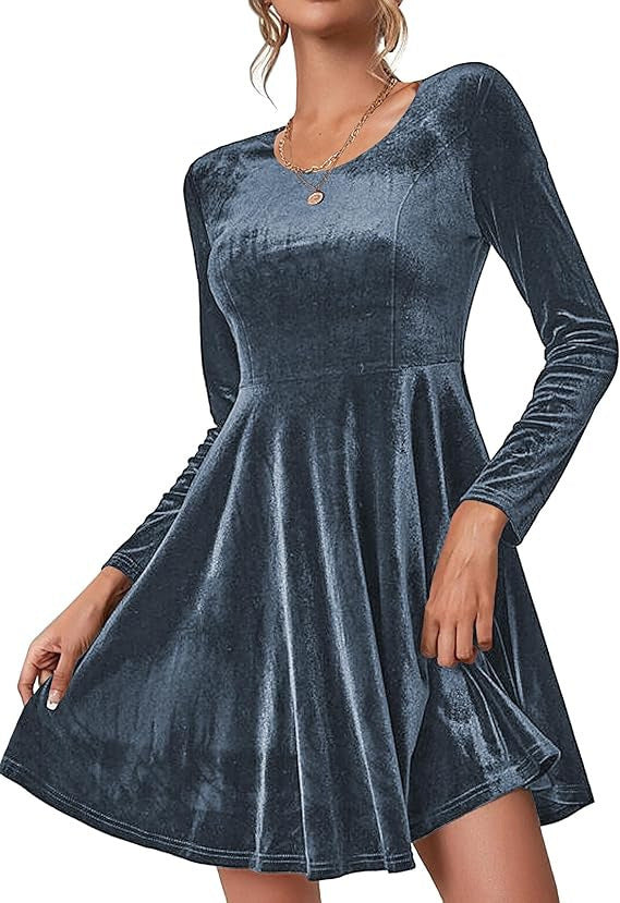 Damen Elegantes Samtkleid mit geschwungenem Saum und langen Ärmeln ModeGeist