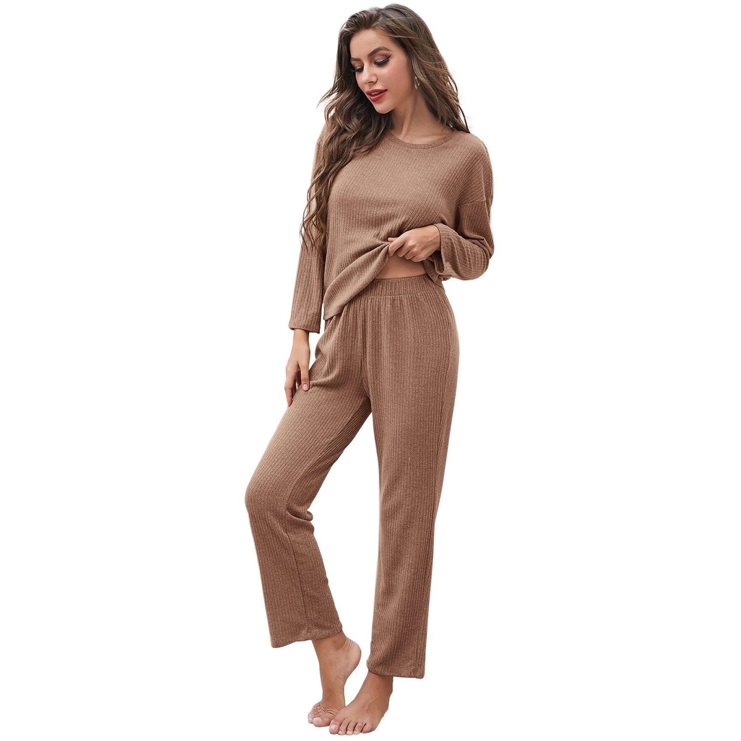 Damen lässiges Langarm-Pyjama-Set mit elastischem Bund und weichem Stoff ModeGeist