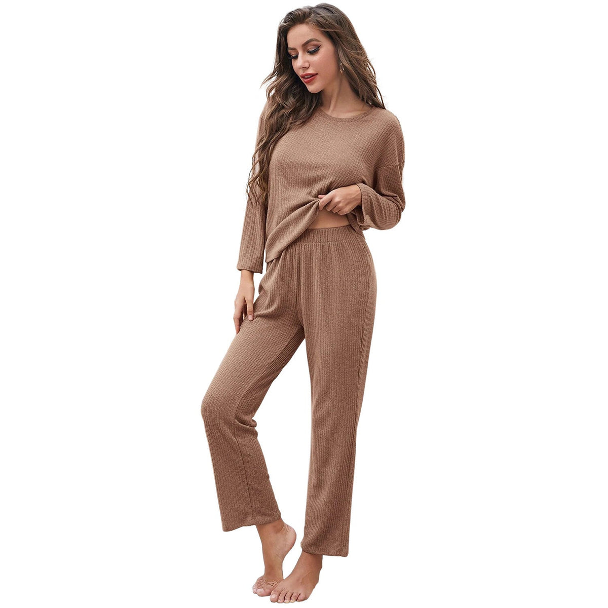 Damen lässiges Langarm-Pyjama-Set mit elastischem Bund und weichem Stoff ModeGeist
