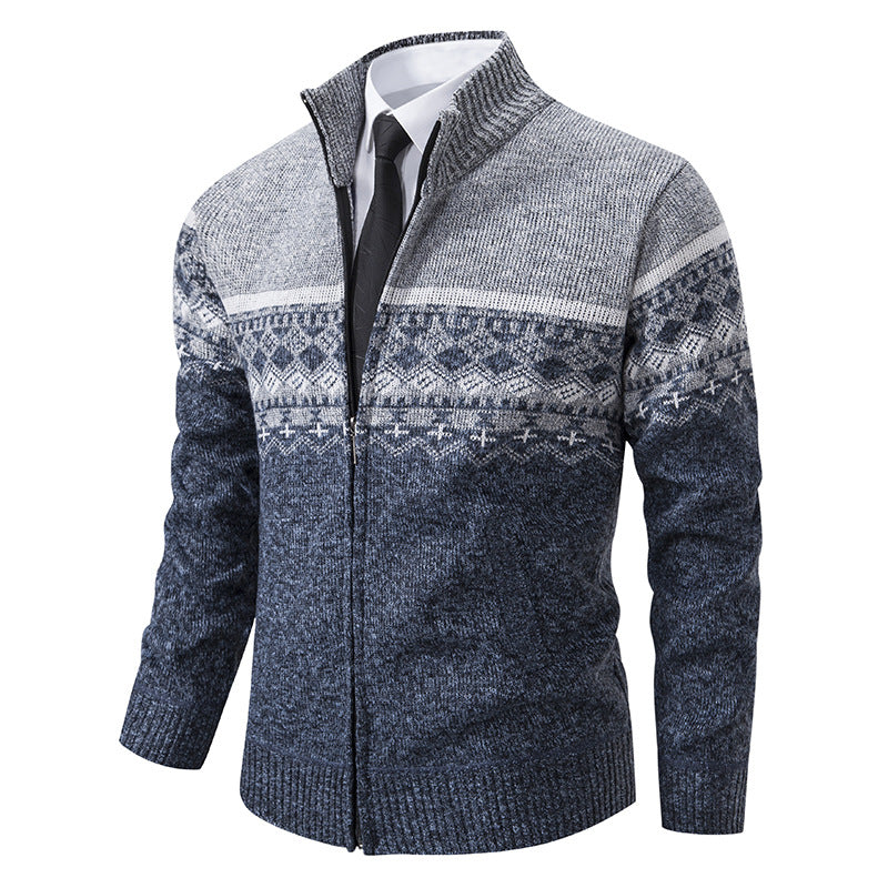 Herren Strickjacke mit Stehkragen und Norweger-Muster ModeGeist