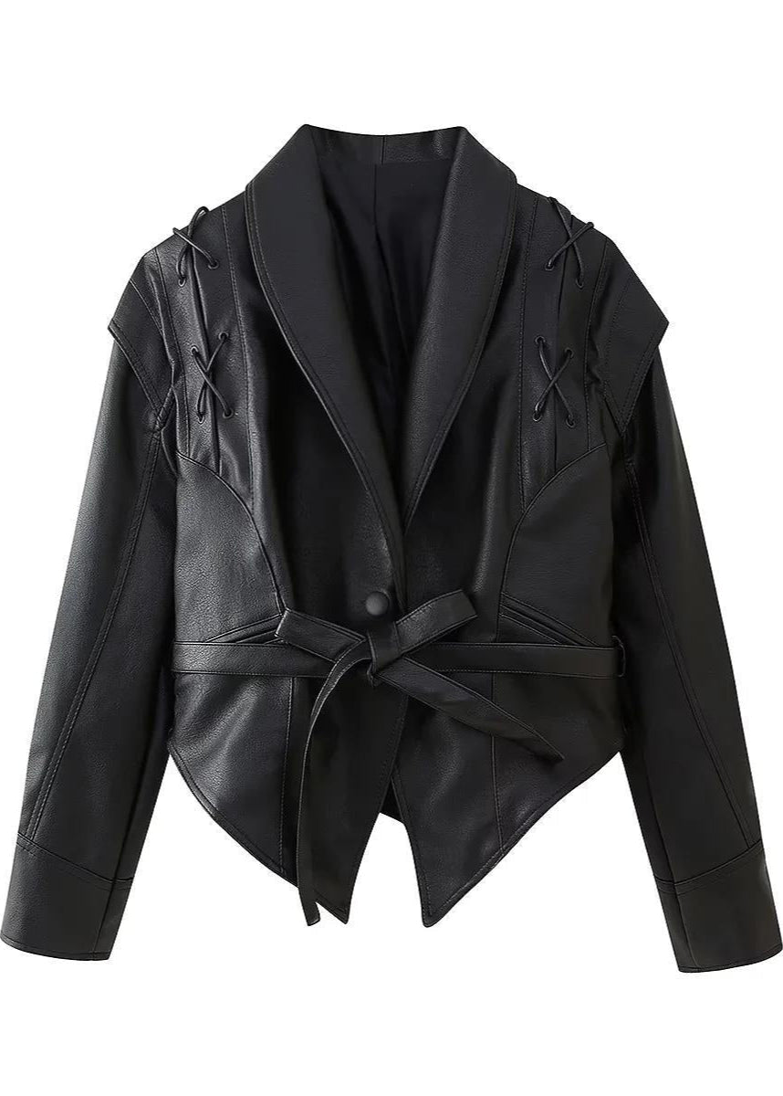 ModeGeist | Schwarzer PU-Leder Damen Blazer mit Gürtel