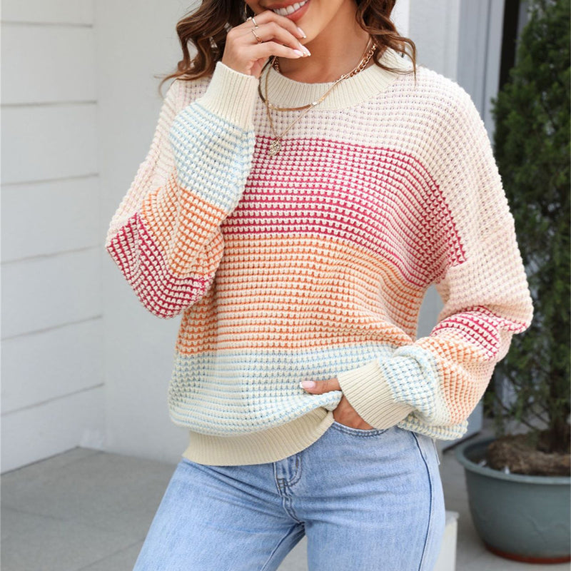 ModeGeist | Pullover - Damen Frühling Farbstreifen Strickpullover