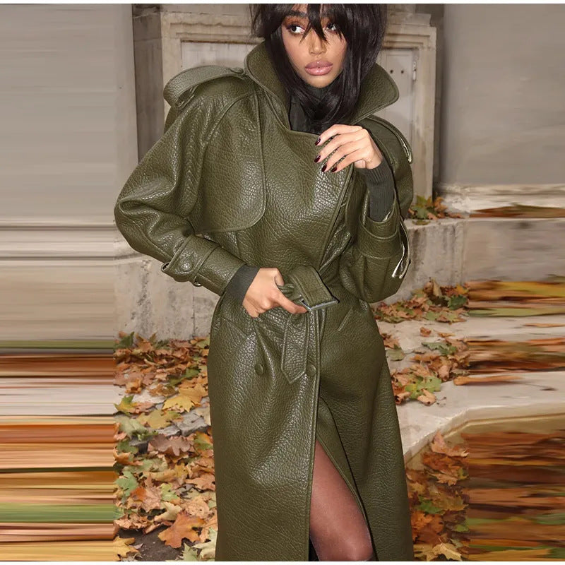 Damen Oversized Kunstleder-Trenchcoat mit hohem Kragen und abnehmbaren Gürtel ModeGeist
