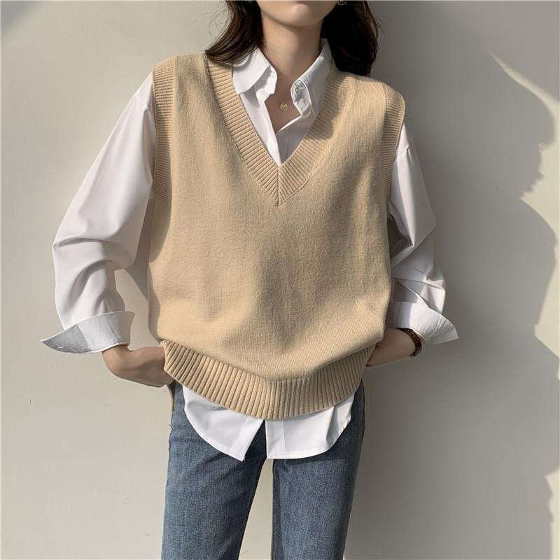 Damen Ärmellose Strickweste mit V-Ausschnitt und Rippdetails ModeGeist