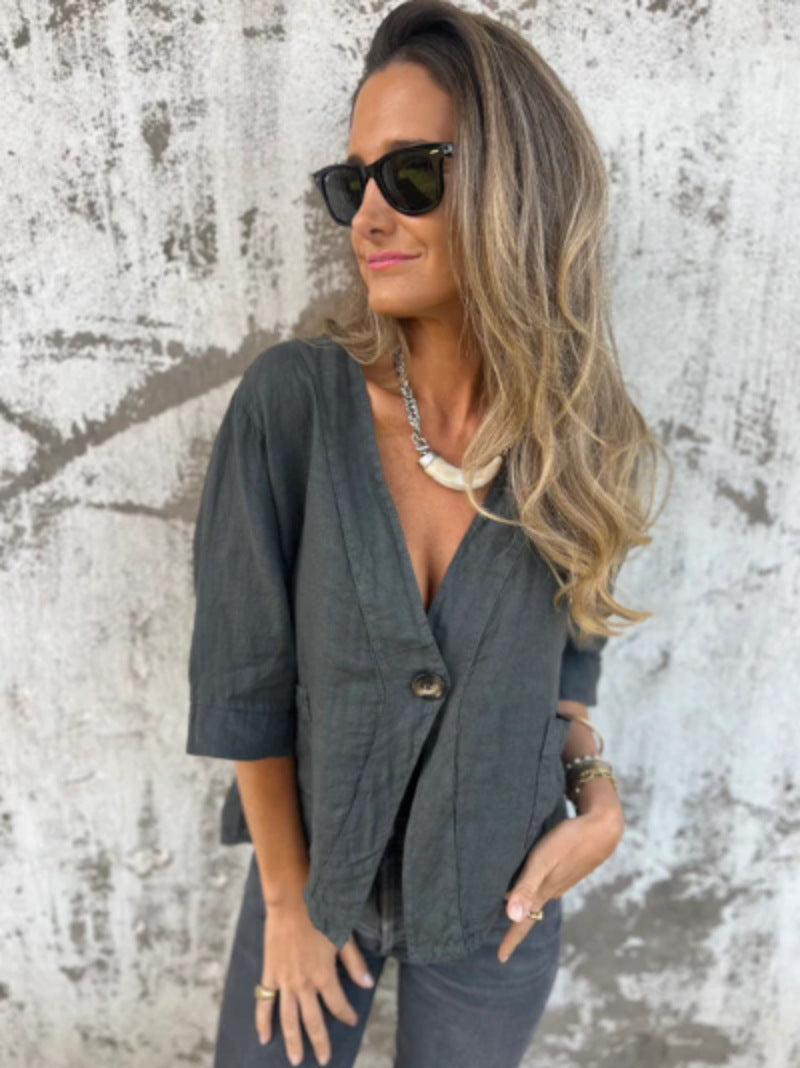 Damen Leichtes Leinenblazer mit kurzer Arm ModeGeist