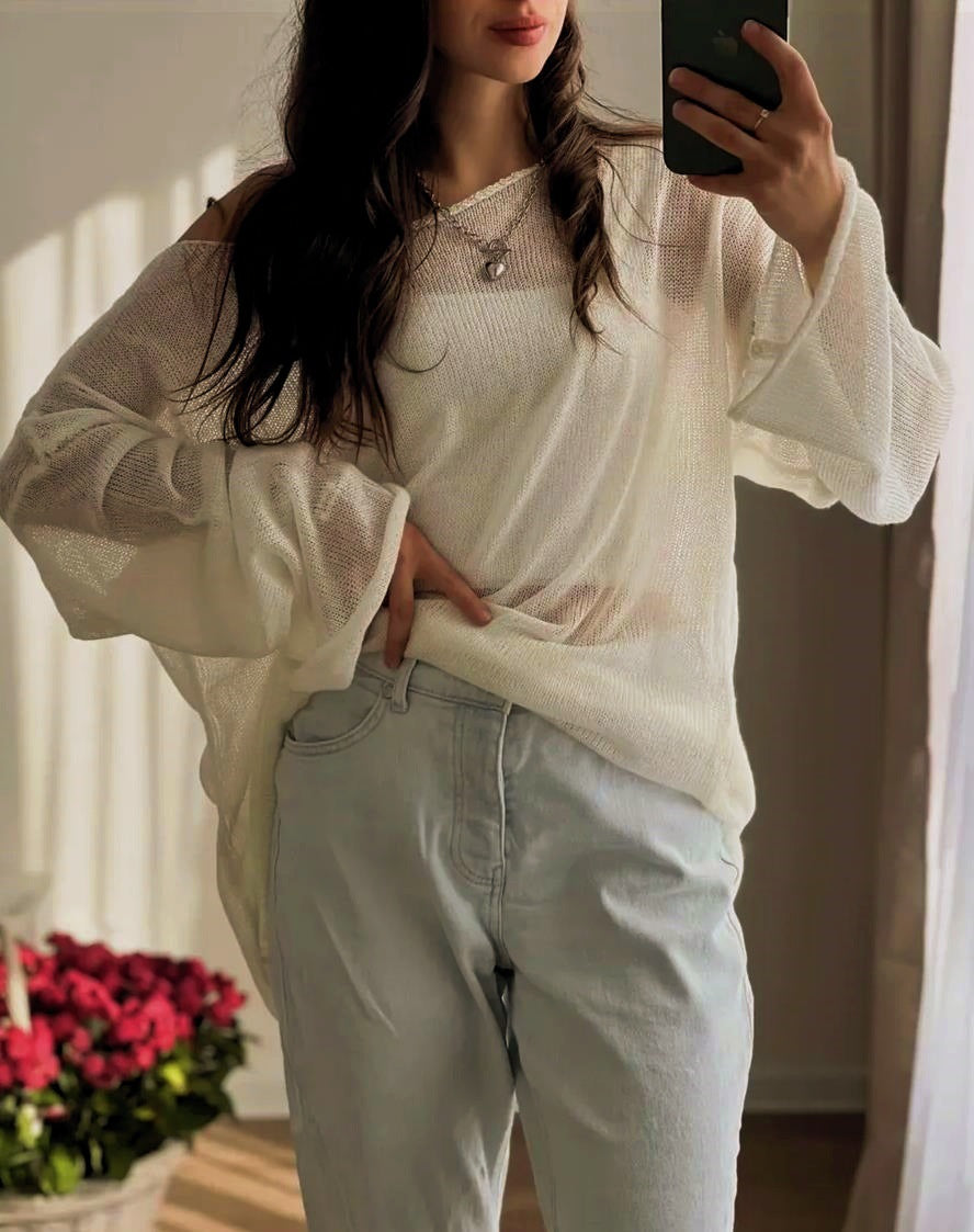 Damen luftiger Oversize-Strickpullover mit weitem Schnitt und transparentem Gewebe ModeGeist