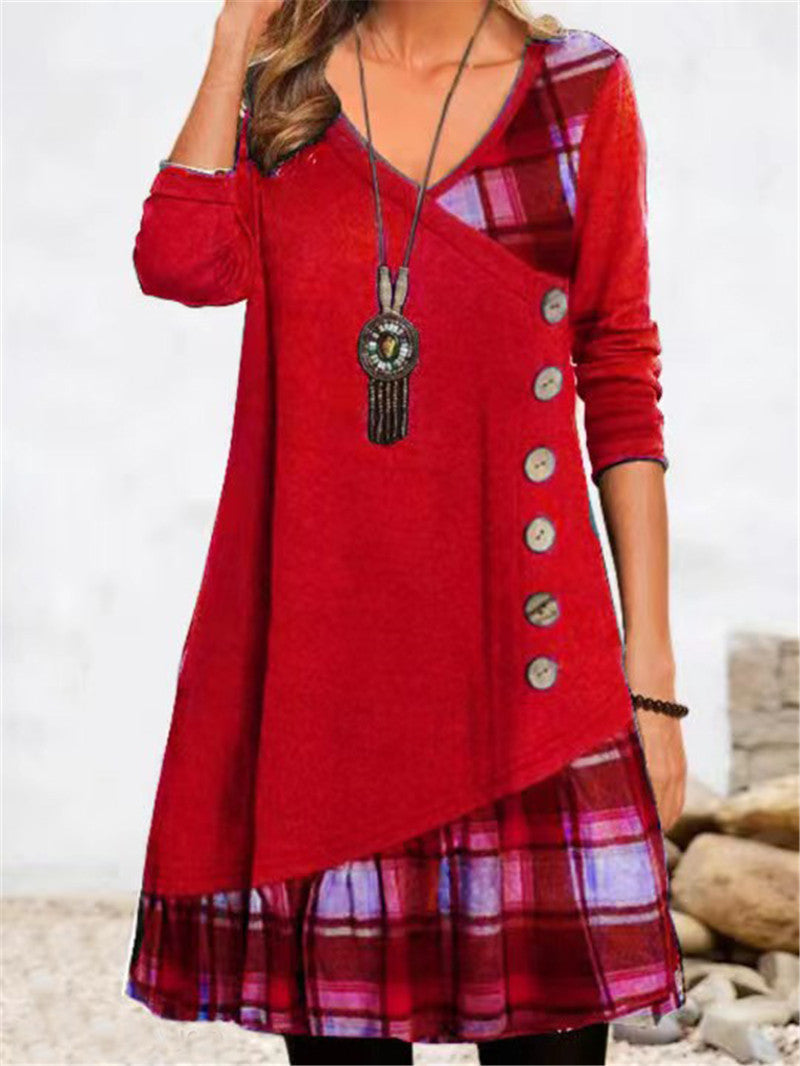 Damen asymmetrisches Freizeitkleid mit kariertem Saum und Knopfdetail ModeGeist