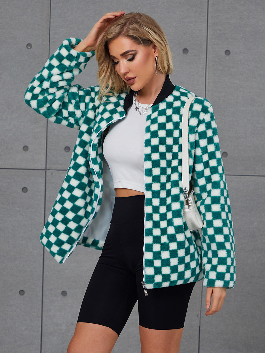 Damen Modische Kunstpelzjacke mit Karomuster und hohem Kragen ModeGeist