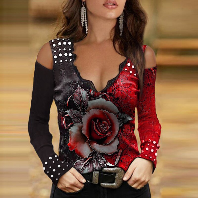 Damen Oberteil mit schulterfreiem Design und floralem Druck ModeGeist