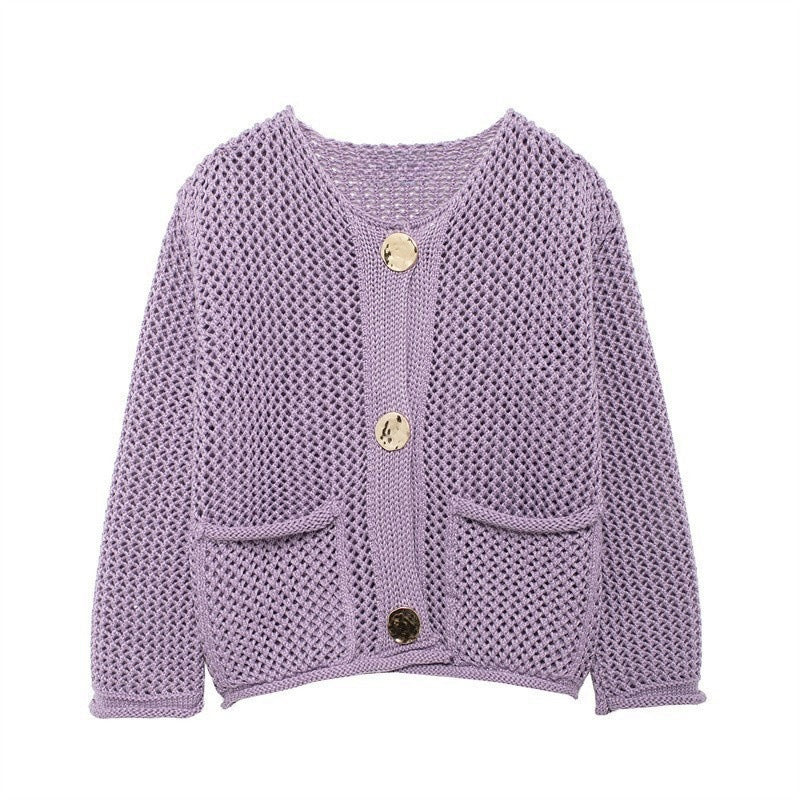 Damen luftige Strickjacke mit durchbrochenem Muster und praktischen Taschen ModeGeist