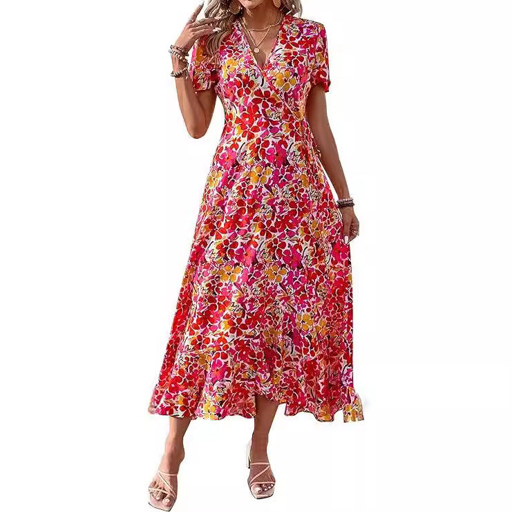 Elegantes Maxikleid für Damen mit V-Ausschnitt und asymmetrischem Saum von MODEGEIST