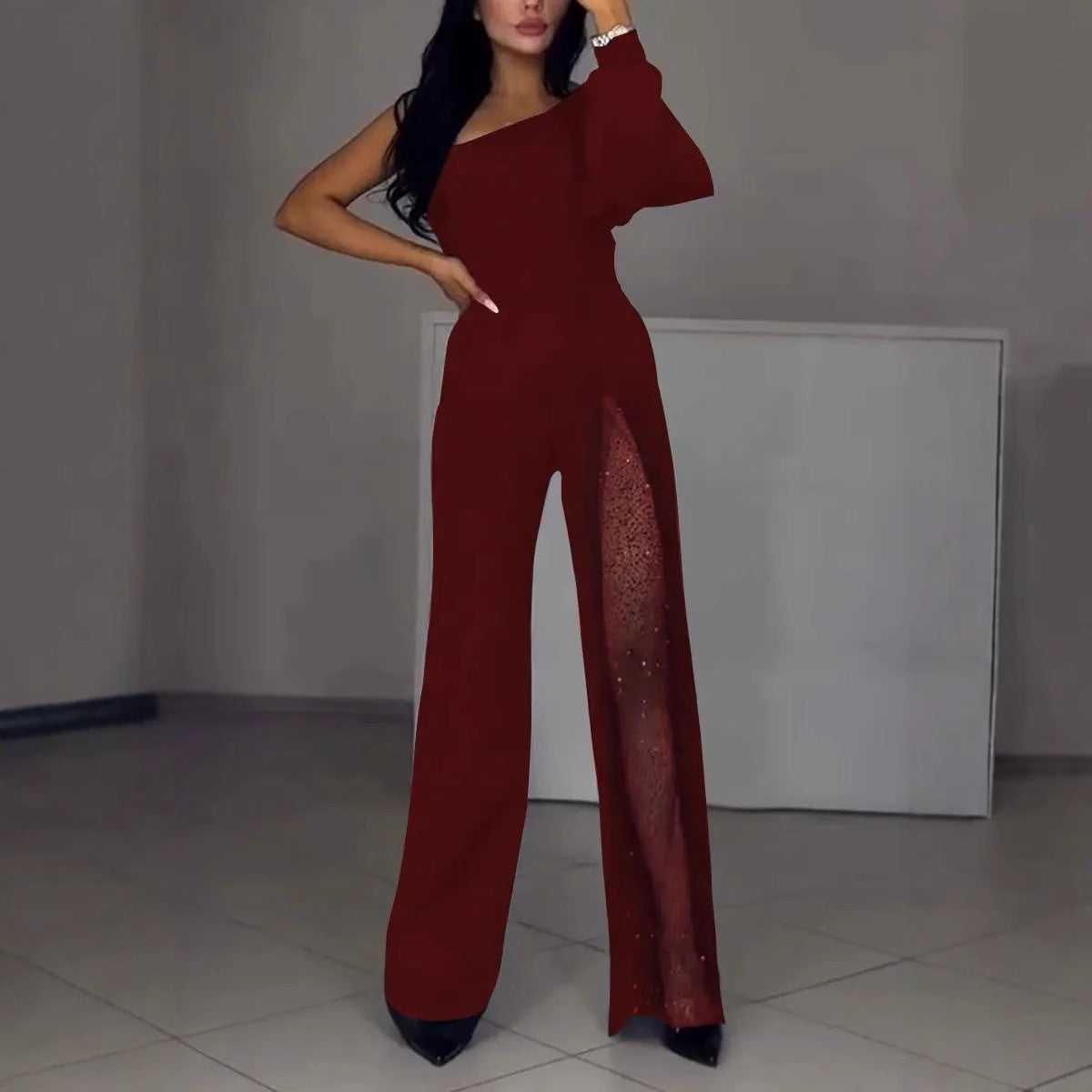 Asymmetrischer einseitiger Damen-Jumpsuit mit Paillettenpanel ModeGeist