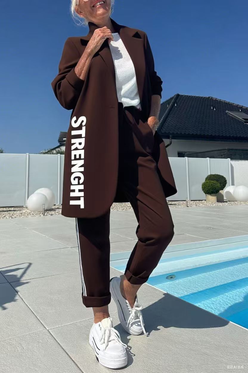 ModeGeist | Length Letter Printed Trenchcoat und Hose Zweiteiler Satz