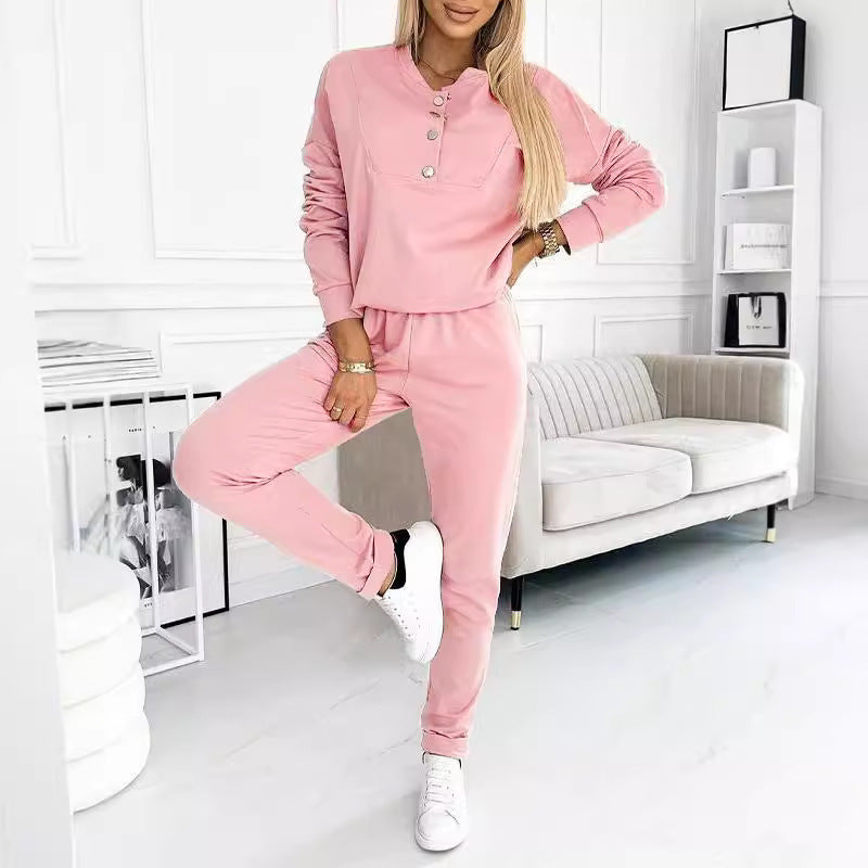 Damen Freizeitanzug mit modischen Knopfdetails und elastischem Bund ModeGeist
