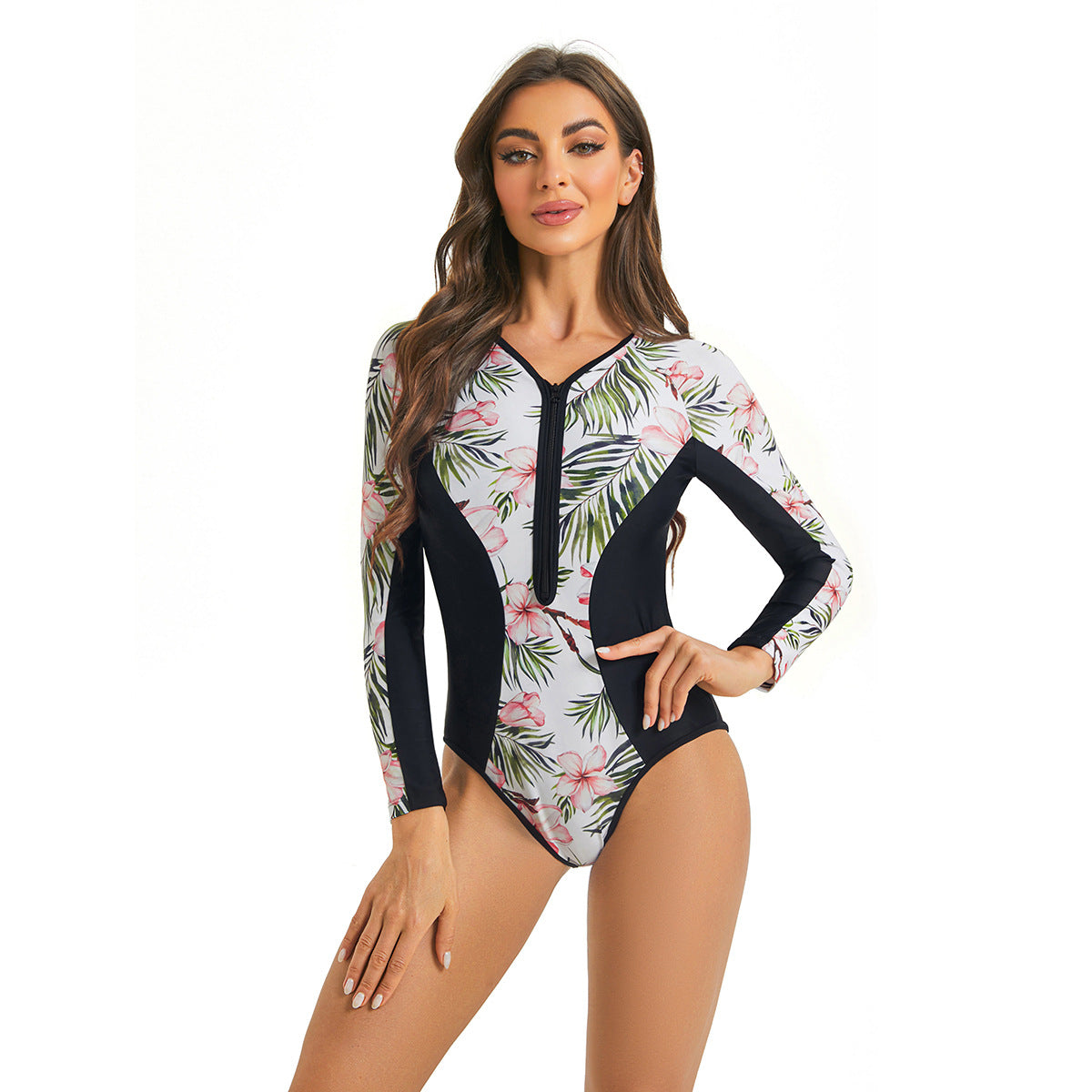 Modischer Damen-Badeanzug mit Langarm und Blumenmuster