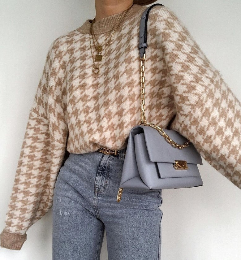 Damen Grobstrickpullover mit modernem Hahnentrittmuster und lässigem Schnitt ModeGeist