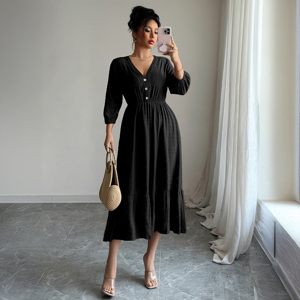 Modegeist Damenkleid: Midi, V-Ausschnitt, Rüschen-Saum