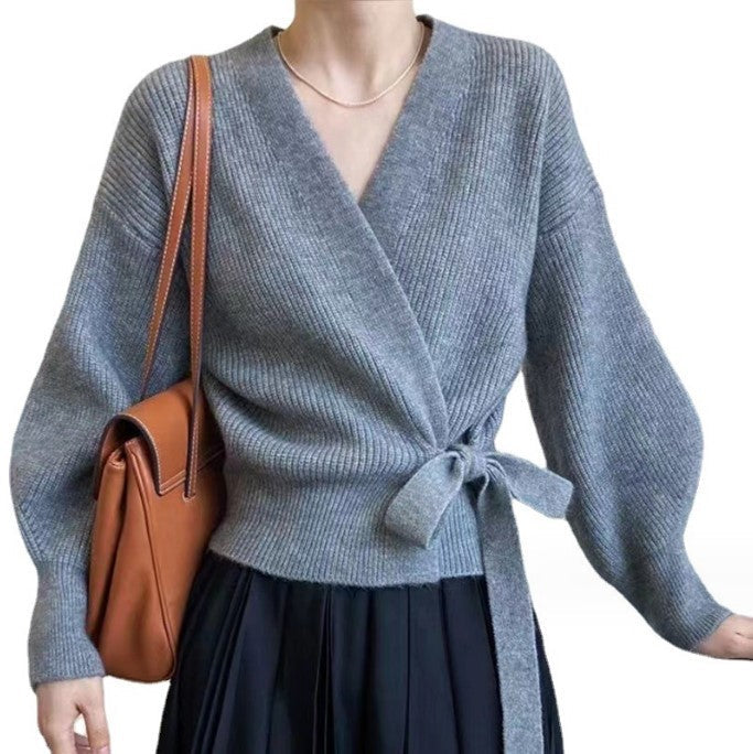 Damen Wickelstrickjacke mit weit geschnittenen Ärmeln und Taillengürtel ModeGeist
