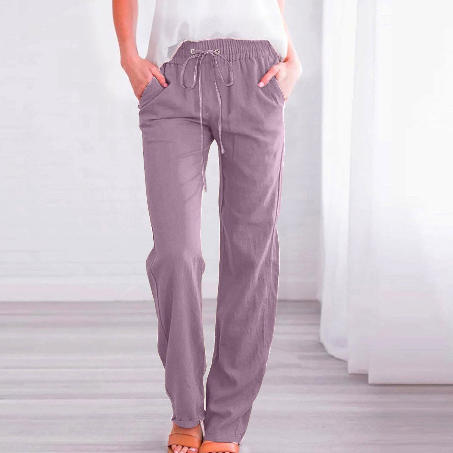Damen Bequeme Leinen-Hose mit elastischem Bund und Taschen ModeGeist