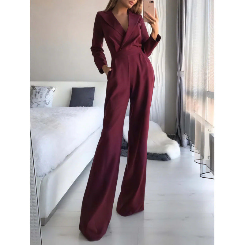 Damen eleganter Jumpsuit mit langem Bein und klassischem Schauspielkragen ModeGeist