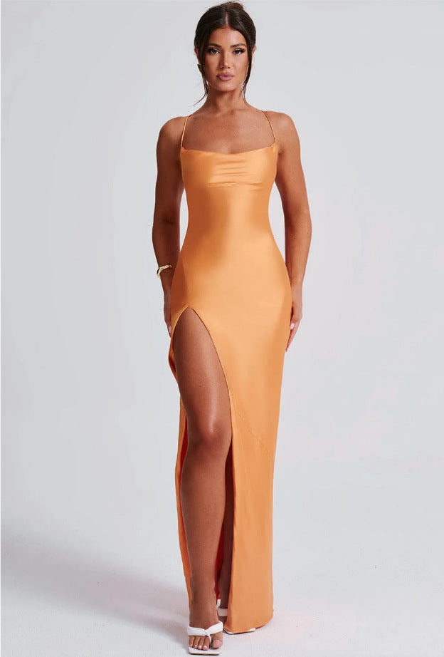 Damen Elegantes Maxikleid mit schmalen Spaghettiträgern und seitlichem Schlitz ModeGeist