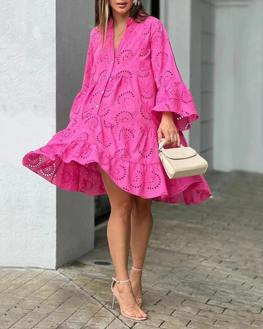 MODEGEIST Damen Mini-Kleid Gestuft Stickerei Ballonärmel