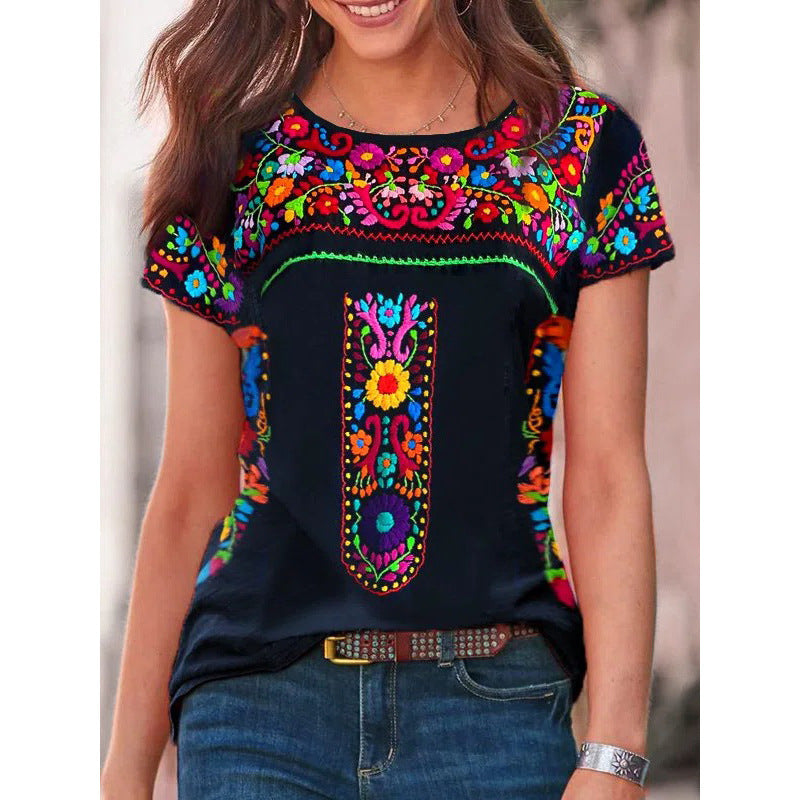 Modisches Damen-T-Shirt mit Stickerei, leuchtenden Farben und Rundhals-Ausschnitt