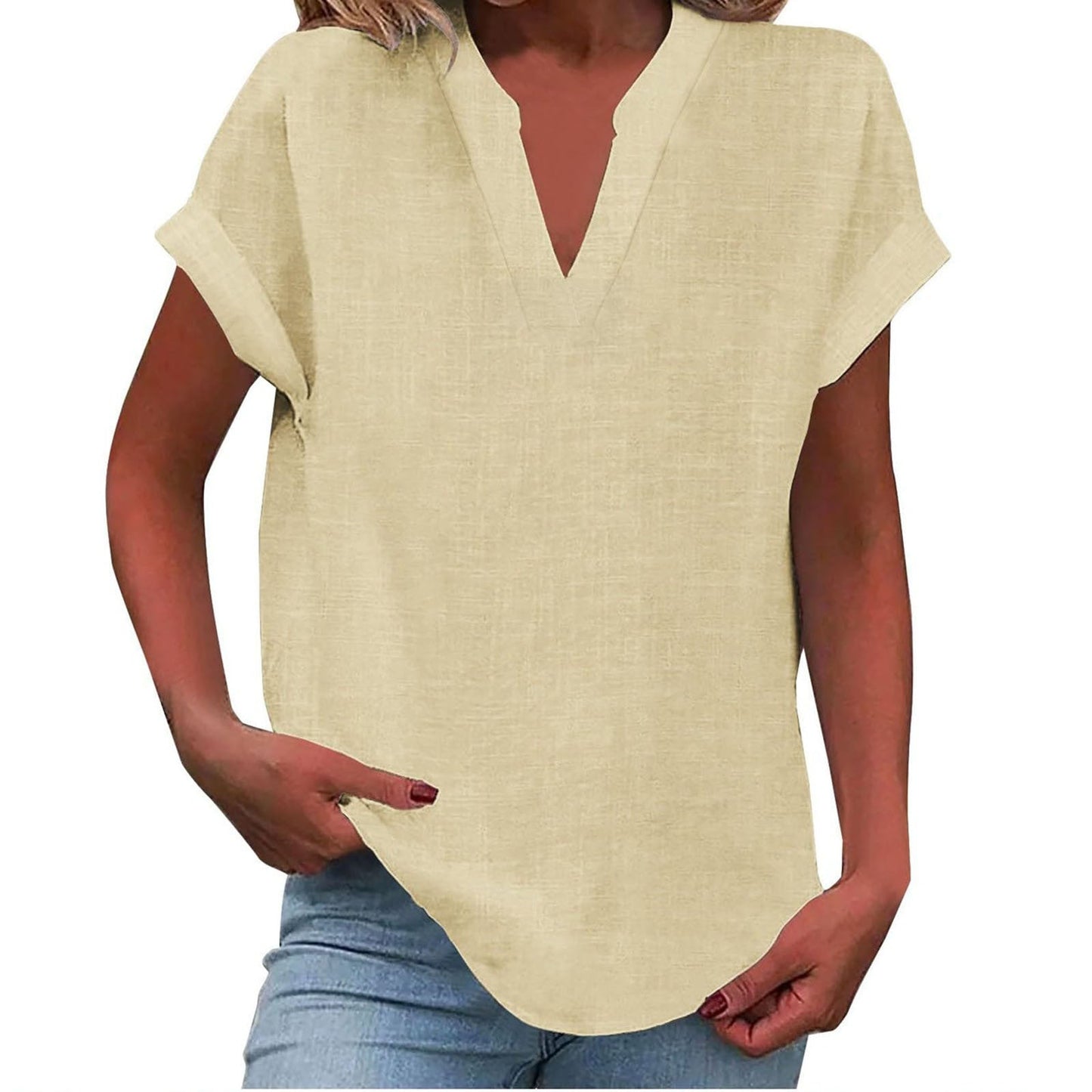 MODEGEIST Damen V-Ausschnitt Bluse Relaxed Fit Leichter Stoff Weiß
