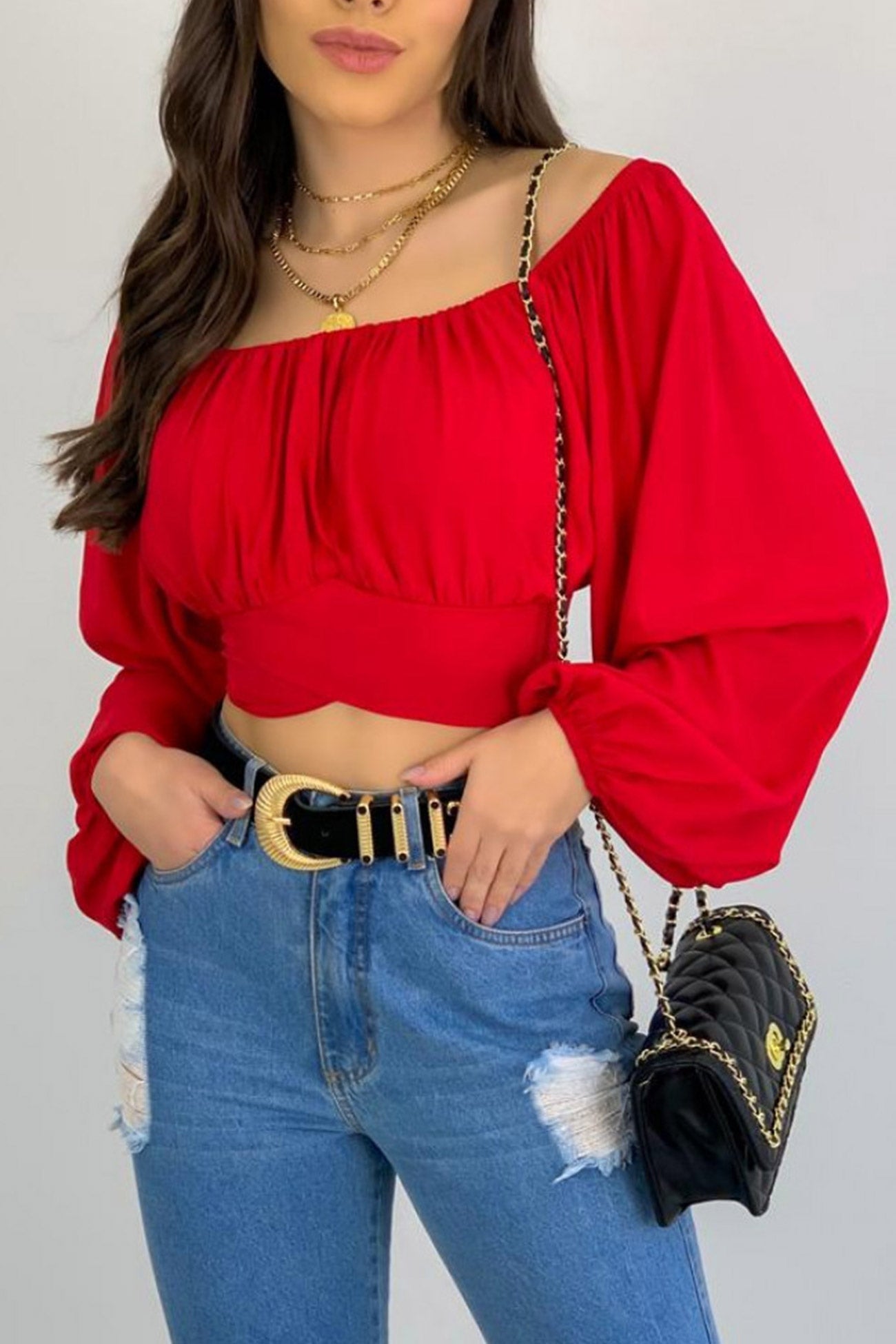 Fudus Cropped Top with Puff Sleeves
